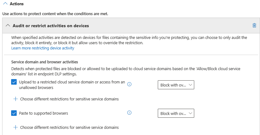 The screenshot shows the set block with override action options.