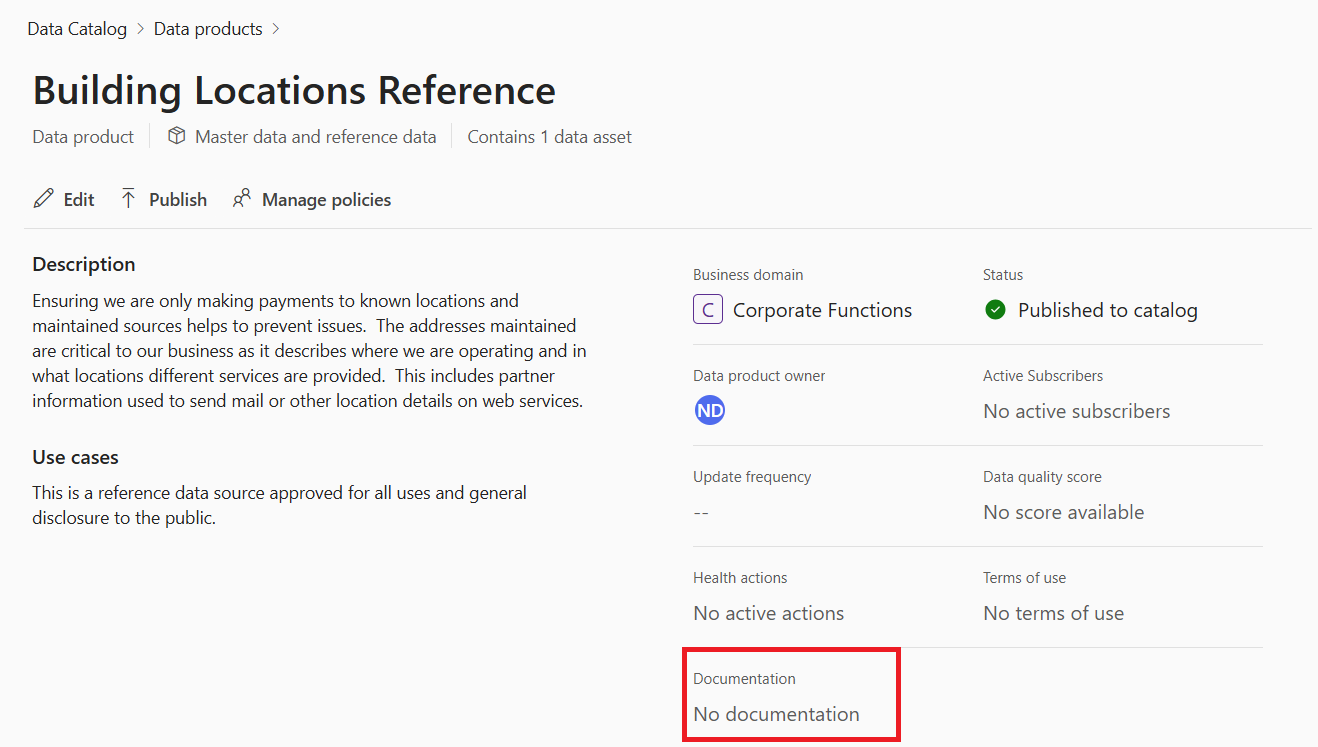 Screenshot of a data product detail page with the documentation attribute highlighted.