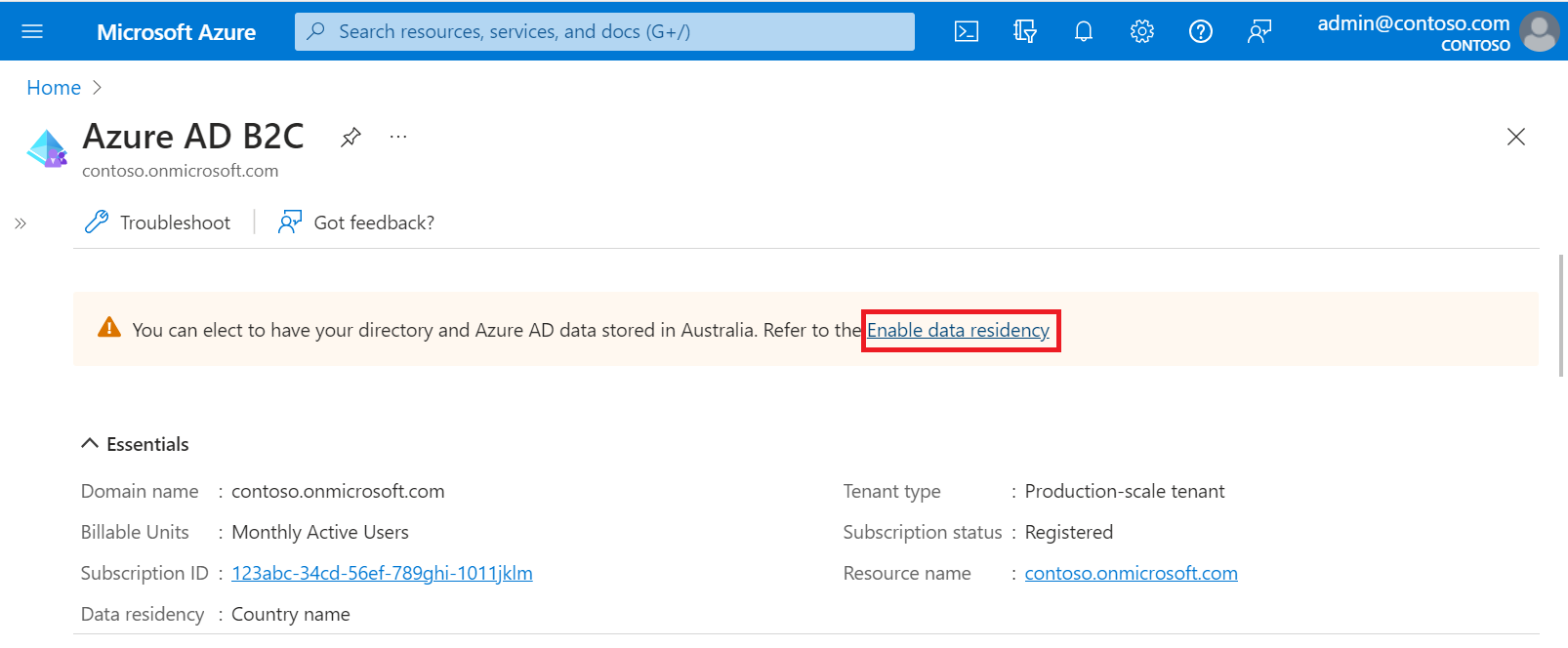 Screenshot of opt in to Azure AD B2C Go-Local add-on in Azure portal.