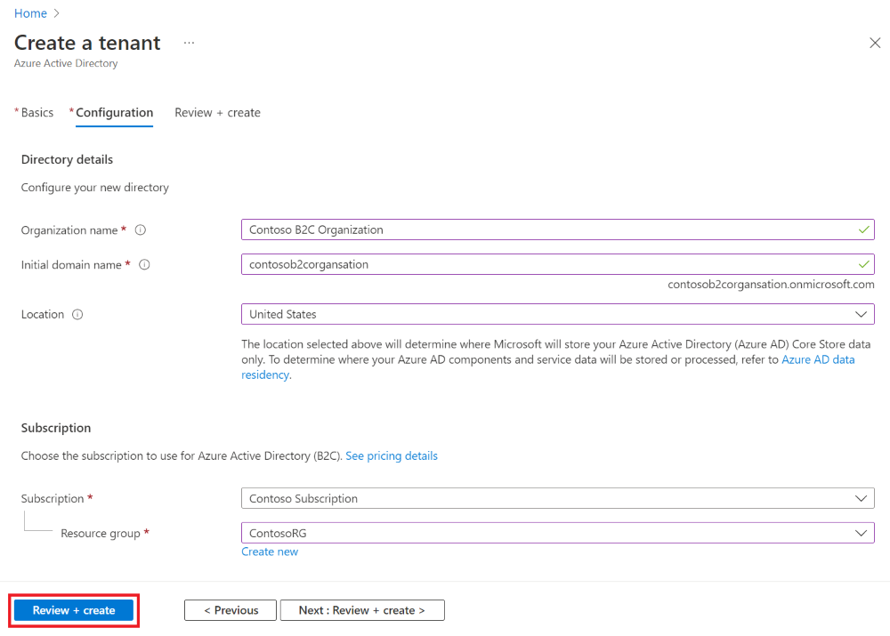Screenshot of create tenant form in with example values in Azure portal.