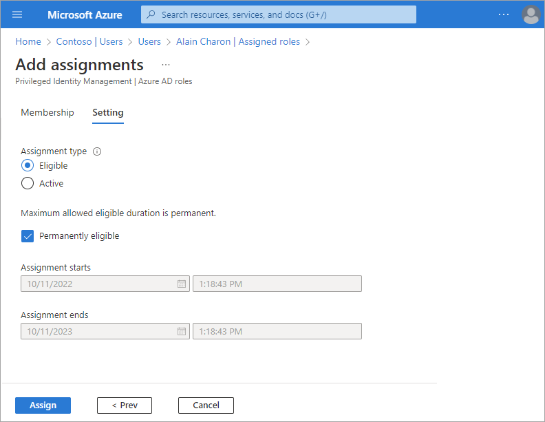 Screenshot of the role assignment settings.