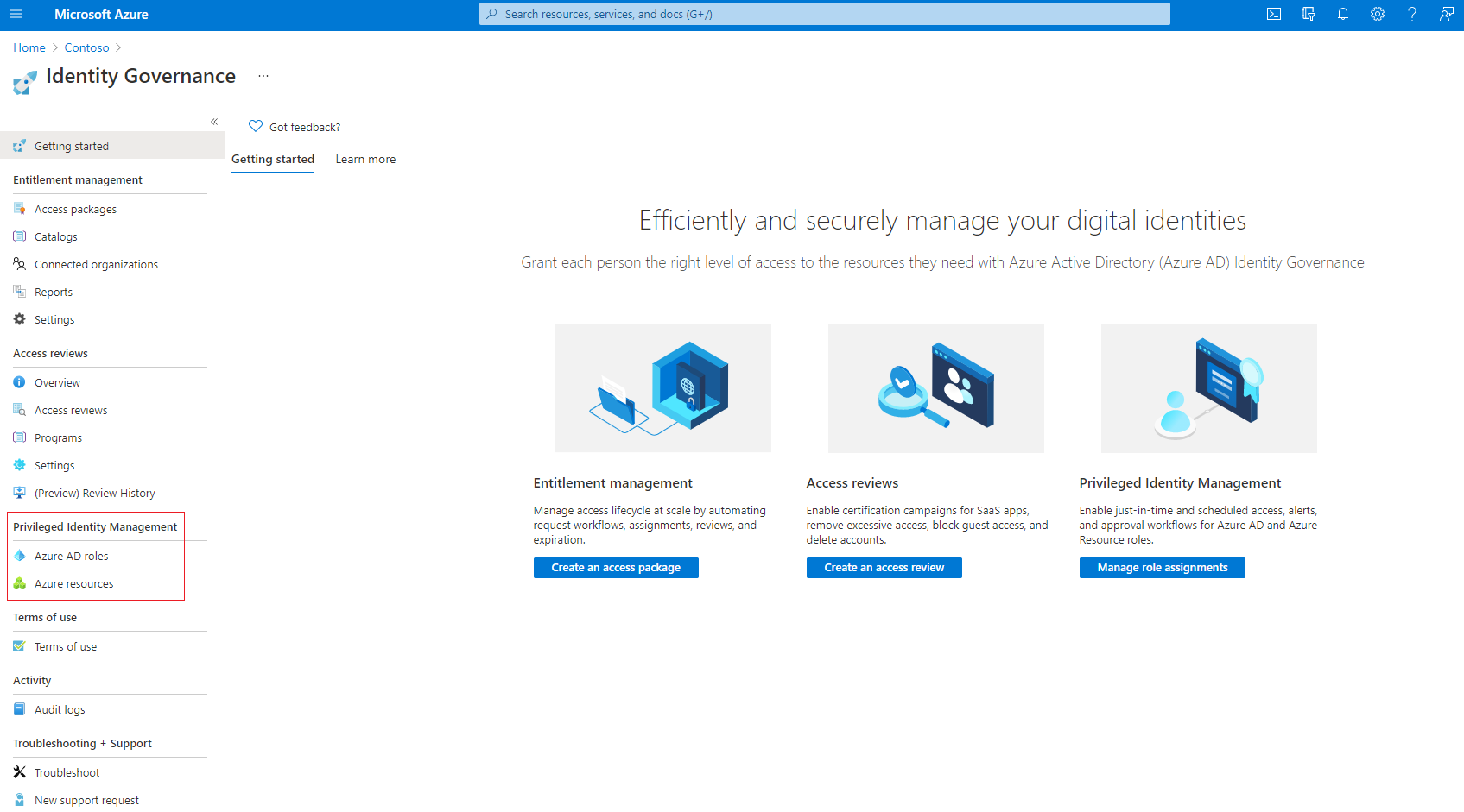 Select Identity Governance in the Azure portal screenshot.