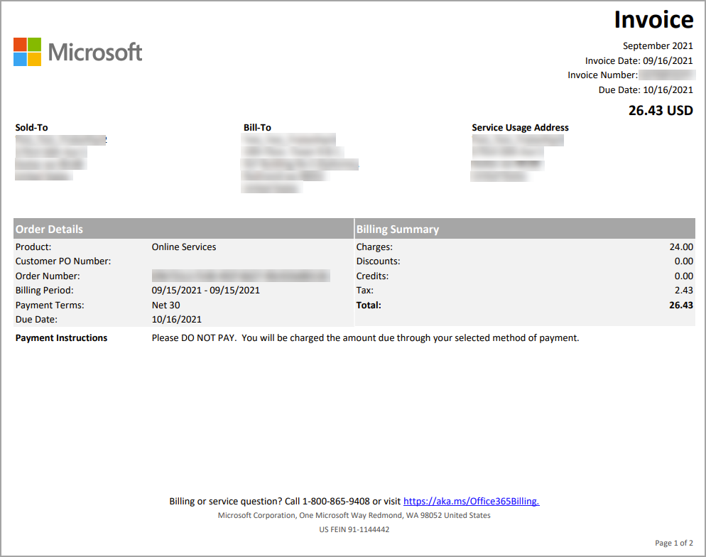 Page one of the invoice .PDF that shows the high-level information about your order.