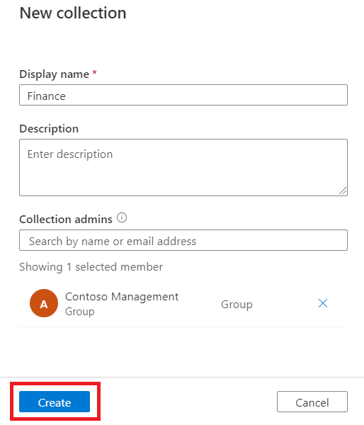 Screenshot of Microsoft Purview governance portal window, showing the new collection window, with a display name and collection admins selected, and the create button highlighted.