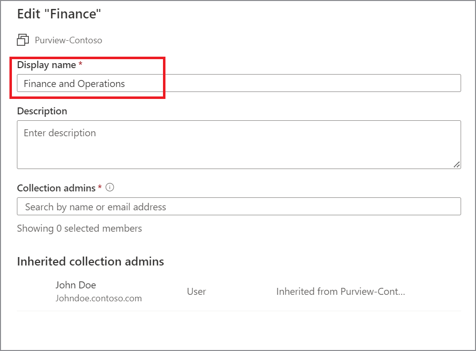 Screenshot of Microsoft Purview governance portal window with the rename collection window open.