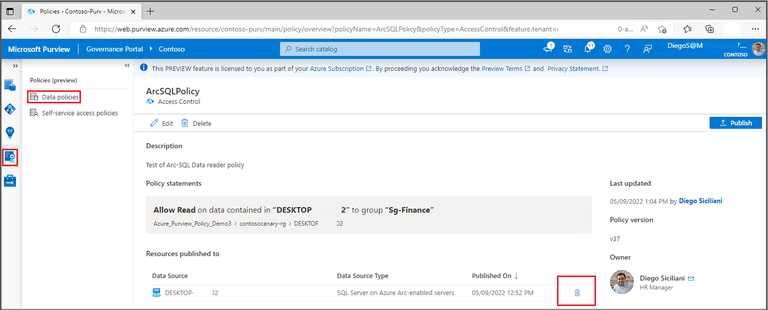 Screenshot shows how to unpublish a data owner policy.