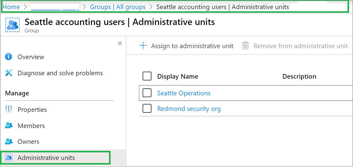 Screenshot of the Administrative units page, displaying a list administrative units that a group is assigned to.