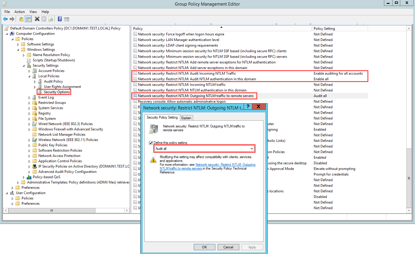 Screenshot of the Audit Outgoing NTLM traffic to remote servers configuration.