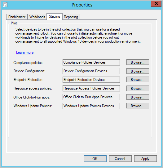 Co-management Staging tab allows you to choose a collection for each workload