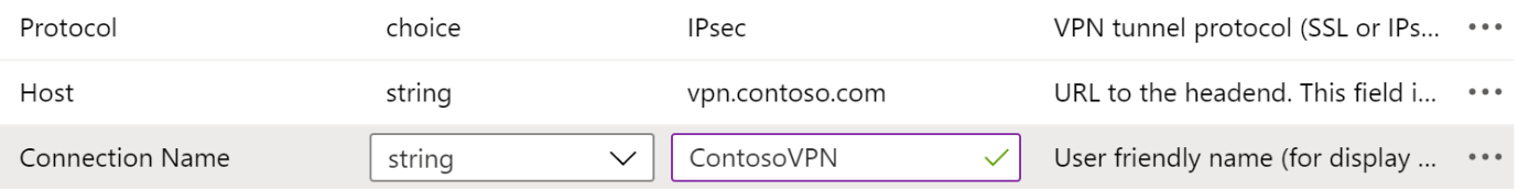 Protocol, connection name, and host name examples in a VPN app configuration policy in Microsoft Intune using the Configuration Designer