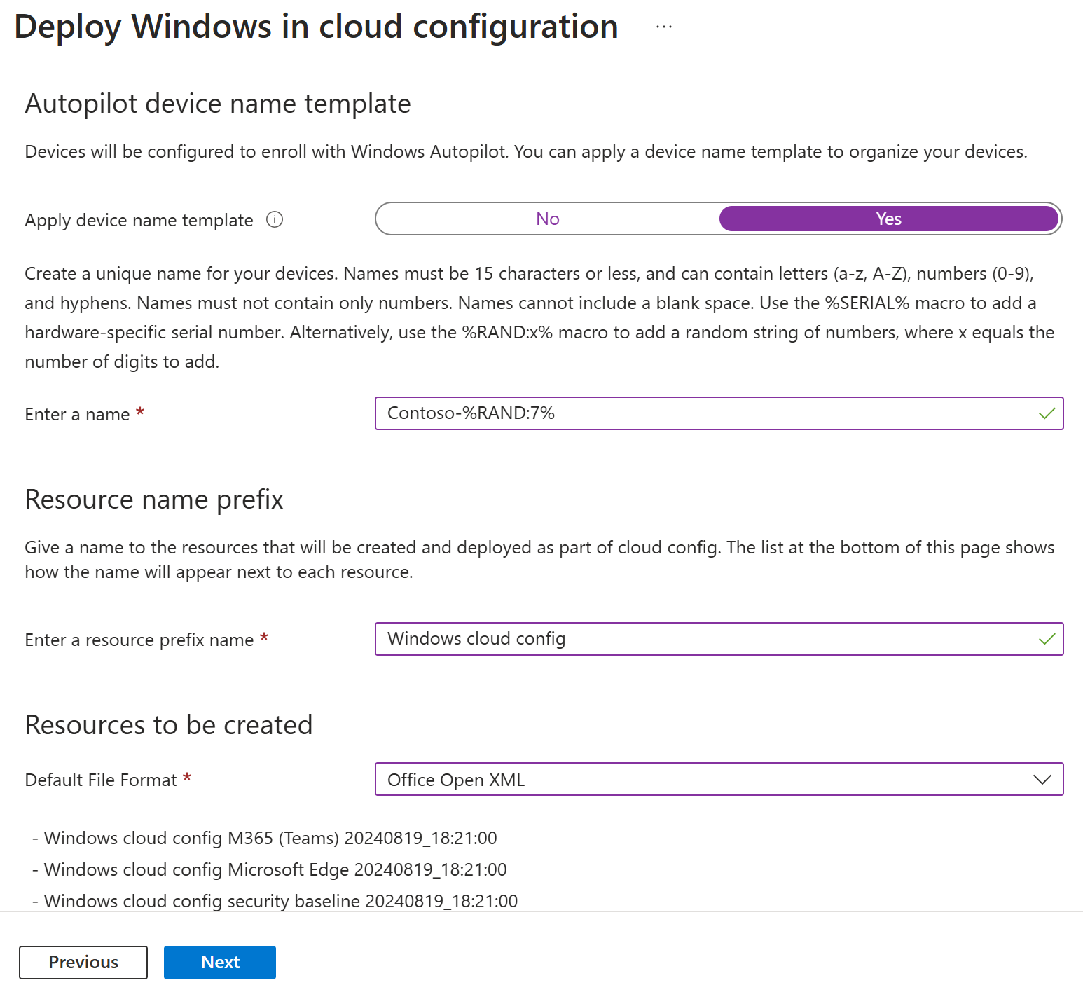 Screenshot that shows how to configure the device name template and resource name prefix in a Windows 10/11 cloud configuration guided scenario in Microsoft Intune.