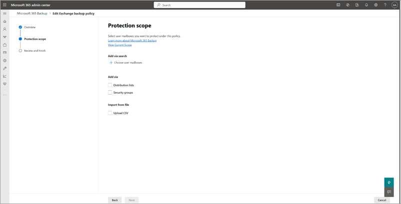 Screenshot of the Protection scope page for Exchange.