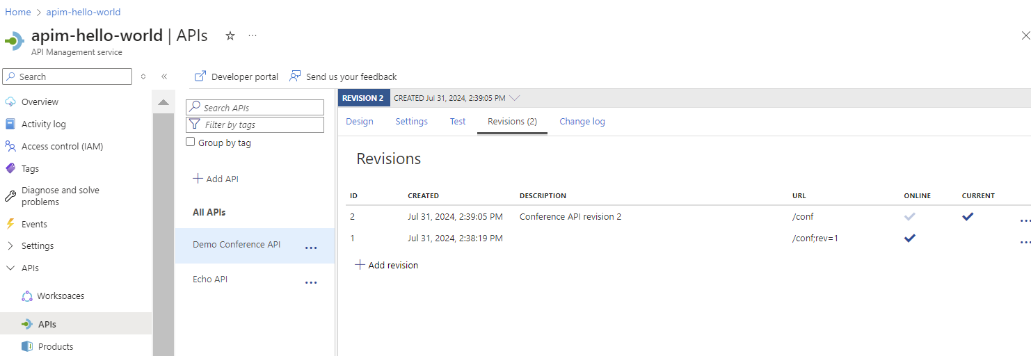 API revisions in the Azure portal