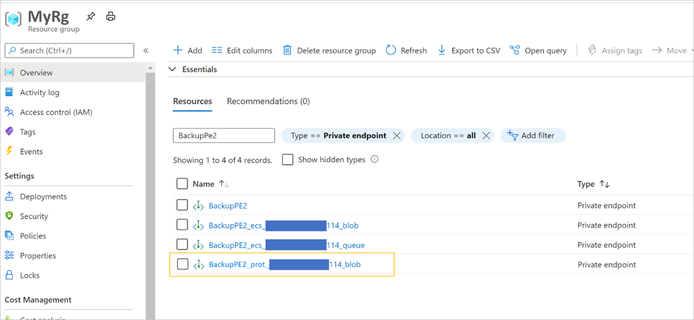 Private endpoing with suffix "prot"