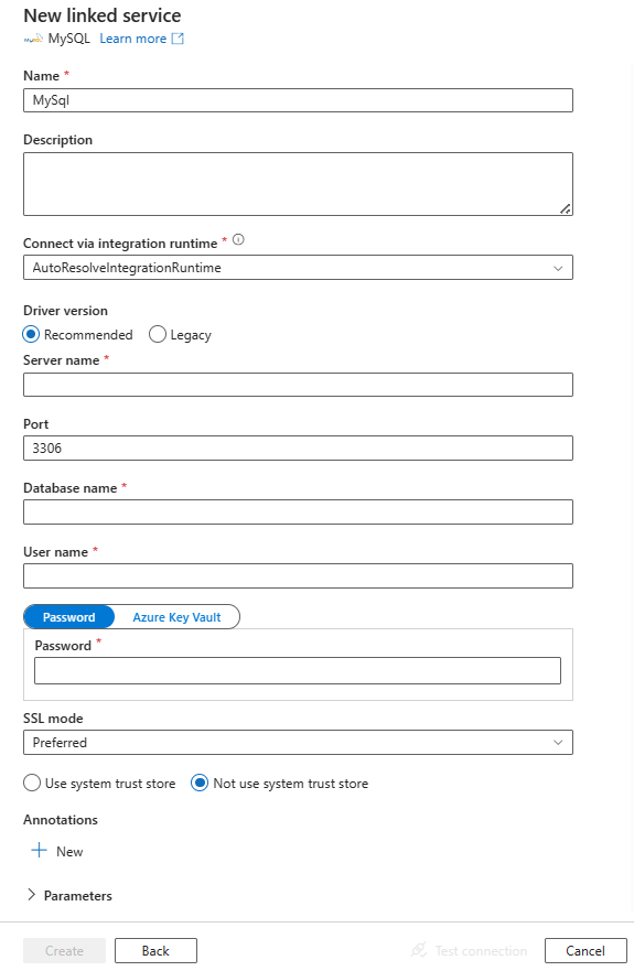 Configure a linked service to MySQL.