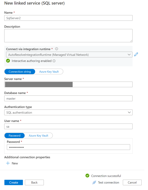 Screenshot that shows the SQL server linked service creation page.