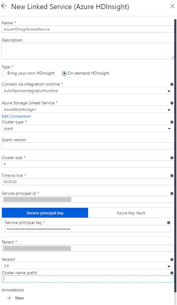 HDInsight linked service settings