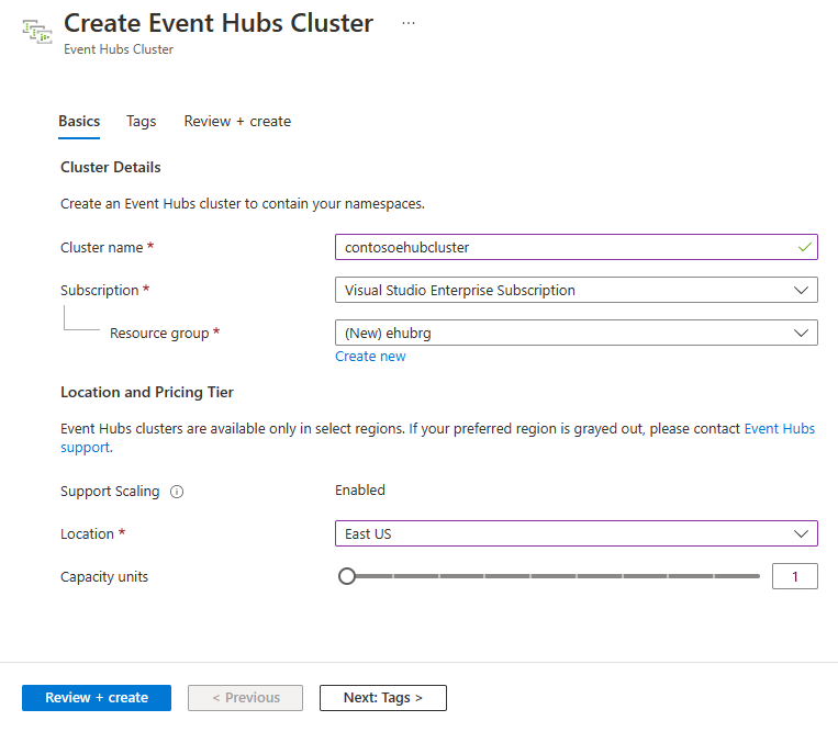 Image showing the Create Event Hubs Cluster - Basics page.