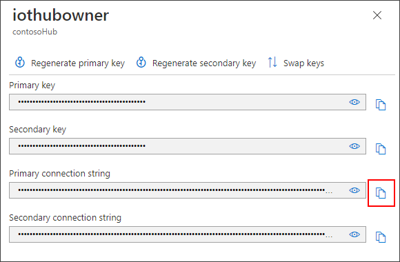 Copy the iothubowner primary connection string.