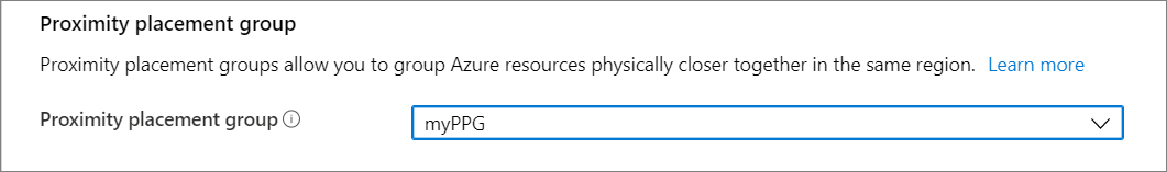 Screenshot of the proximity placement group section when creating a new VM in the portal