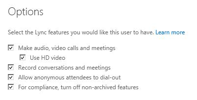 Screenshot that shows the Lync features settings window.