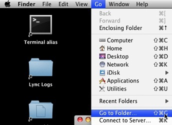 Screenshot that shows the Go options with the Go to Folder option selected.