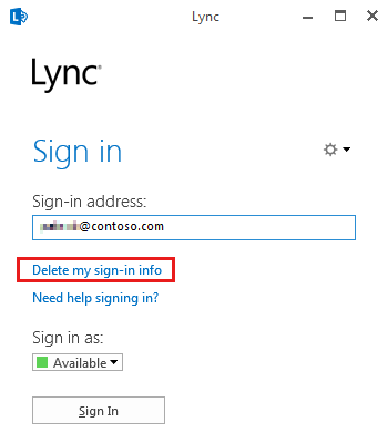 Screenshot that shows the Delete my sign-in info option in the Lync Sign-out window.