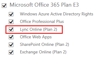 Screenshot that shows the user's license information with a license for Skype for Business Online assigned.