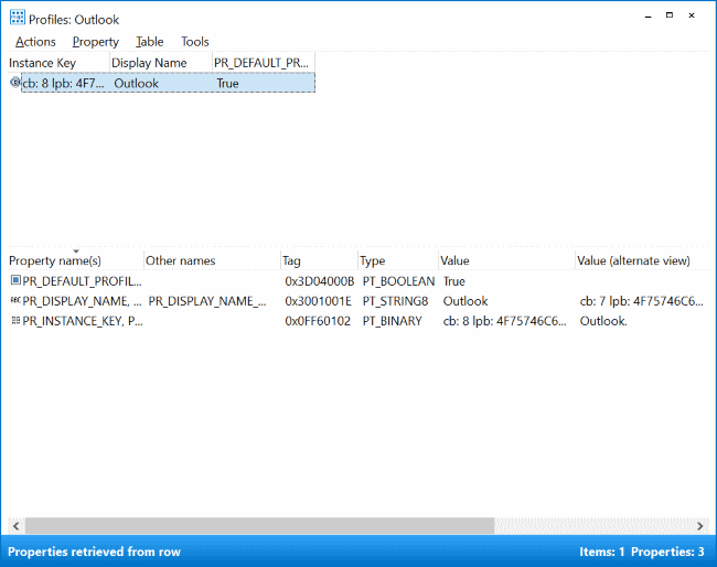 Screenshot that shows the profiles in Outlook.