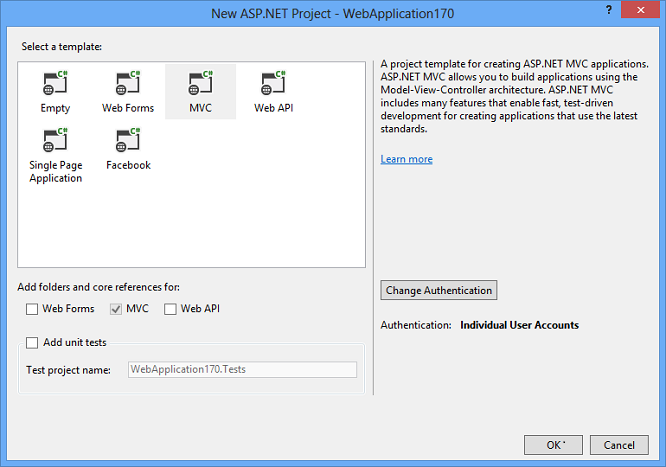 Image of new ASP dot Net project window