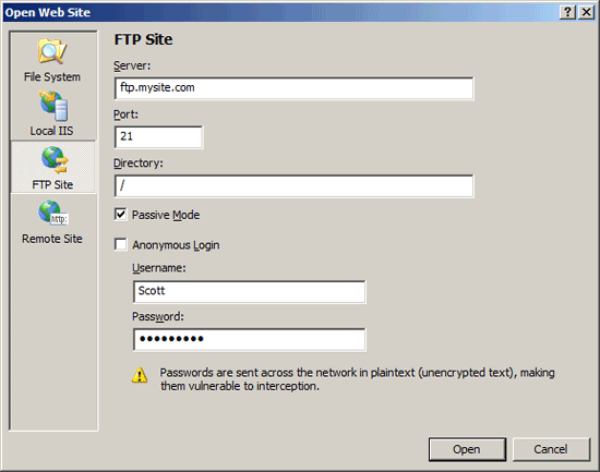 Screenshot of the Open Web Site dialog, which shows the connection information is filled into the text fields.