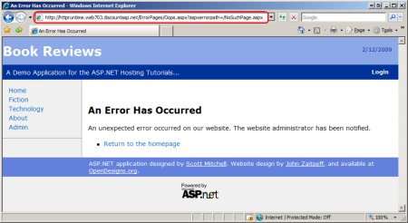 Screenshot that shows how the A S P dot NET runtime displays the configured error page.