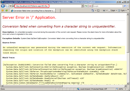Screenshot that shows the exception details YSOD that include information about the exception.