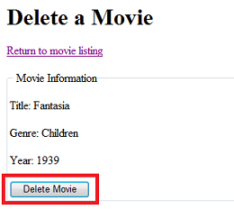 Delete Movie page with Delete Movie button highlighted