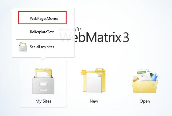 Screenshot of the Web Matrix start screen showing the Open Site options and My Sites highlighted with a red rectangle.
