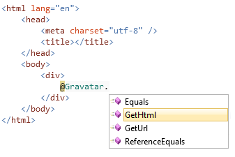 Screenshot of the source editor showing the Gravatar helper IntelliSense drop-down list with the Get H T M L item highlighted in yellow.