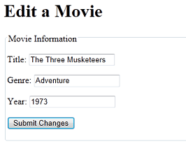 Screenshot shows the Edit Movie page showing movie to be edited.