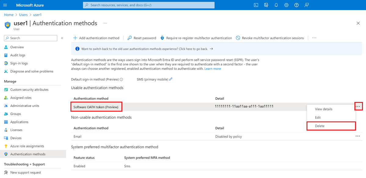 Screenshot of the Authentication methods page in the Azure portal with the Authentication methods menu item, Software OATH token authentication method and Delete button highlighted