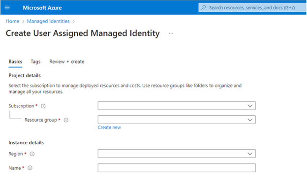 Screenshot of User assigned managed Identity page in Azure portal.
