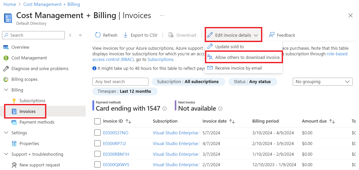 Screenshot showing Allow others to download invoice.