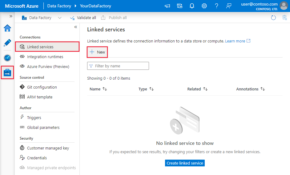 Screenshot showing Create a new linked service with Azure Data Factory UI.