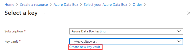 Screenshot of Encryption type settings on the Security tab for a Data Box order. The "Create new key vault" link is highlighted.