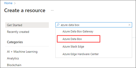 Screenshot of the New section of the Azure portal with Azure Data Box in the search box. The Azure Data Box entry is highlighted.