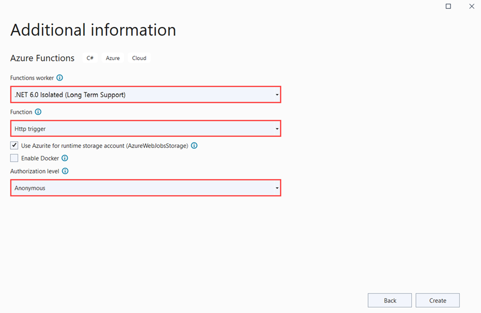 Screenshot of Azure Functions project settings.