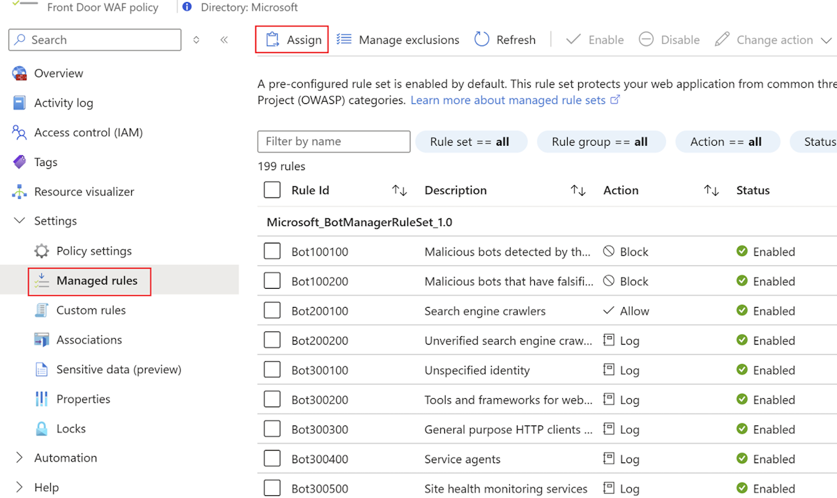 Screenshot of the Azure portal showing the WAF policy's managed rules configuration, and the Assign button highlighted.