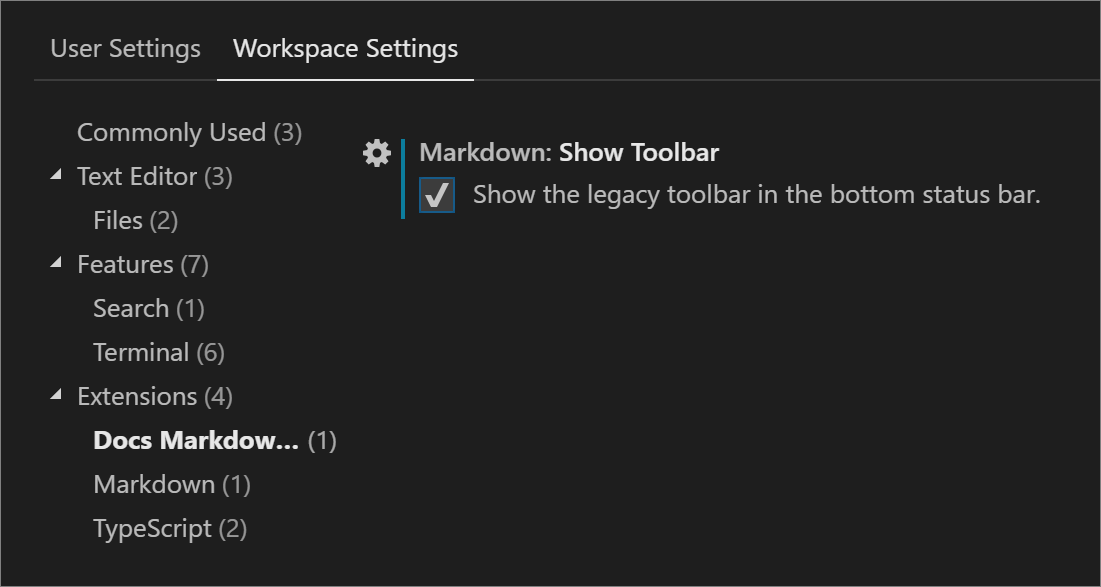 Show legacy toolbar setting in VS Code
