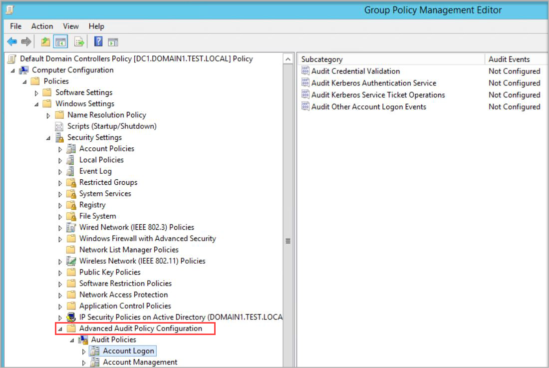 Screenshot of the Advanced Audit Policy Configuration dialog.