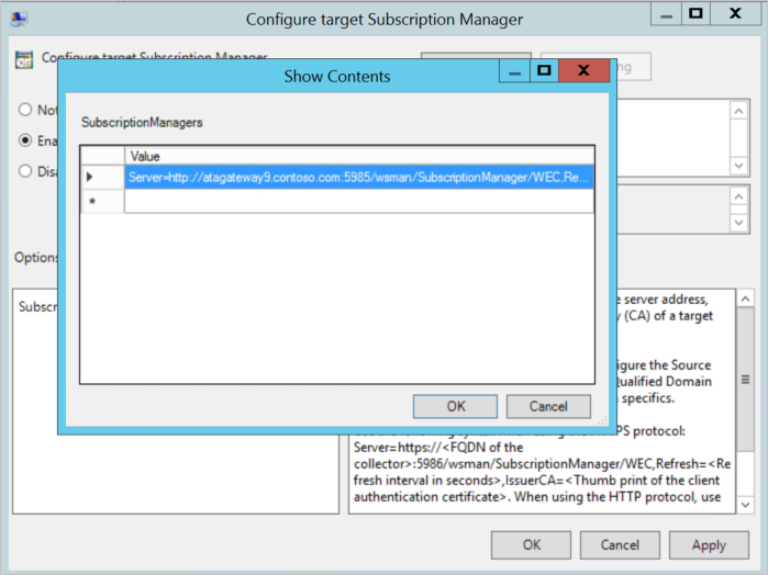 Screenshot of the Configure target subscription dialog.