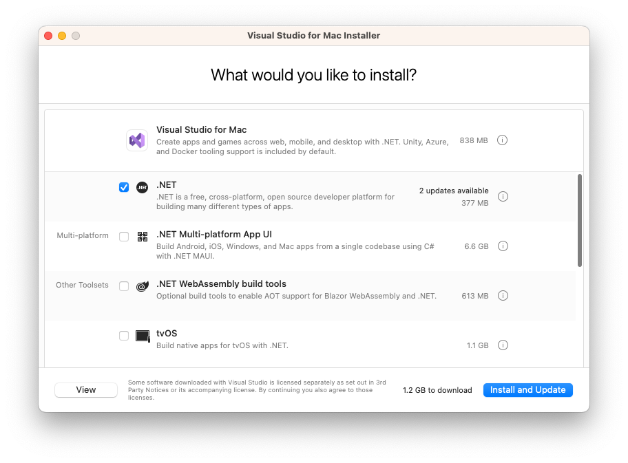 macOS Visual Studio 2019 for Mac with the .NET workload selected.