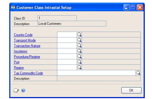 Screenshot of the Customer Class Intrastat Setup window, showing default and empty input boxes.